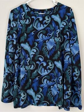 Chico's Black Top with Blue and Teal Floral Print